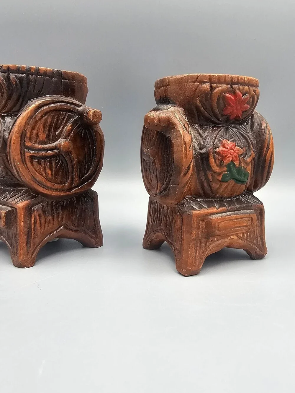 Vintage Hand-Carved Wooden Salt and Pepper Shakers with Floral Design